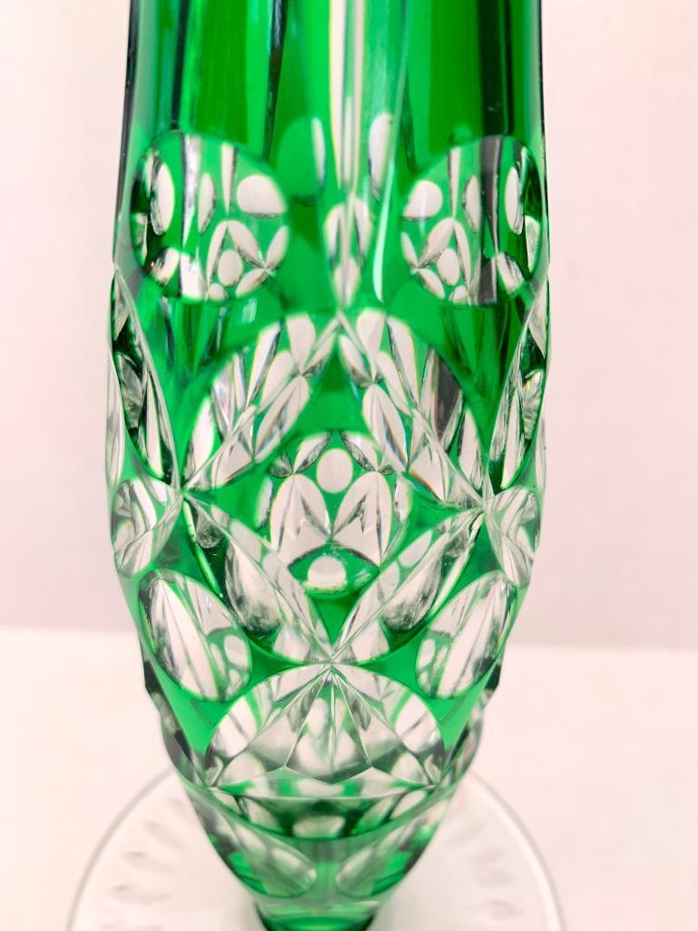 10" Tall Green & Clear Glass Vase