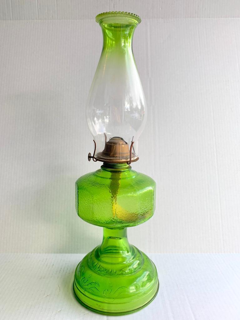 Vintage Green Glass Accent Oil Lamp. Base is 11" Tall
