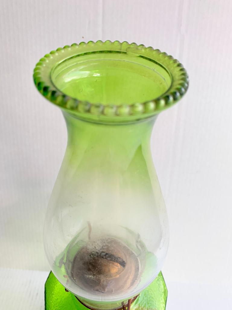Vintage Green Glass Accent Oil Lamp. Base is 11" Tall