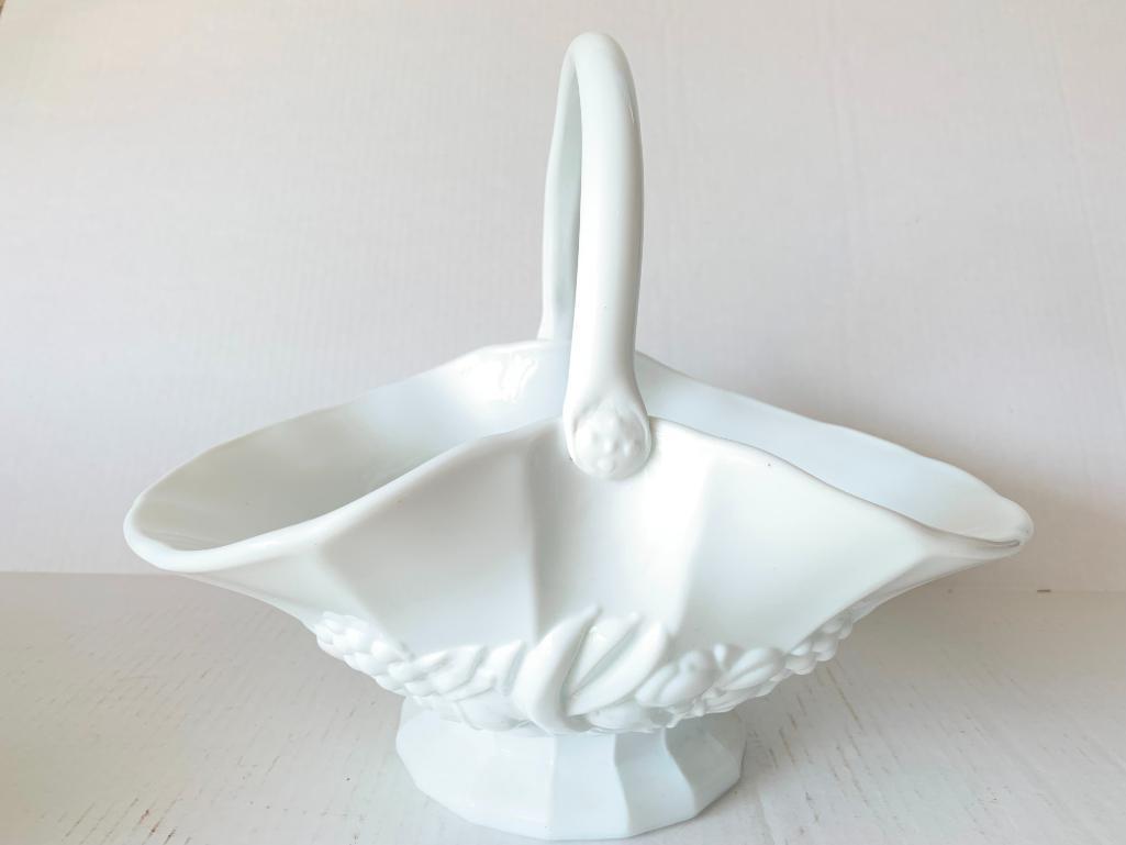 Decorative Milk Glass Basket. This is 10" Tall