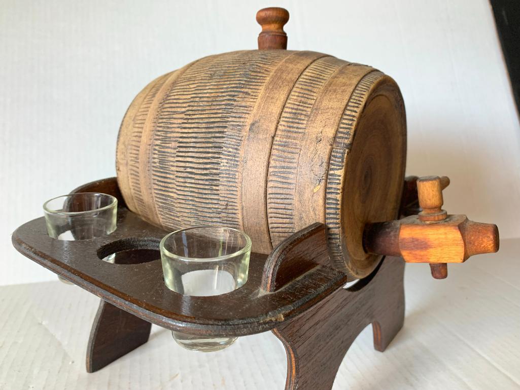 Interesting Barrel Drink Decanter on Stand. Only has 5 Shot Glasses Included. This is 9" Tall