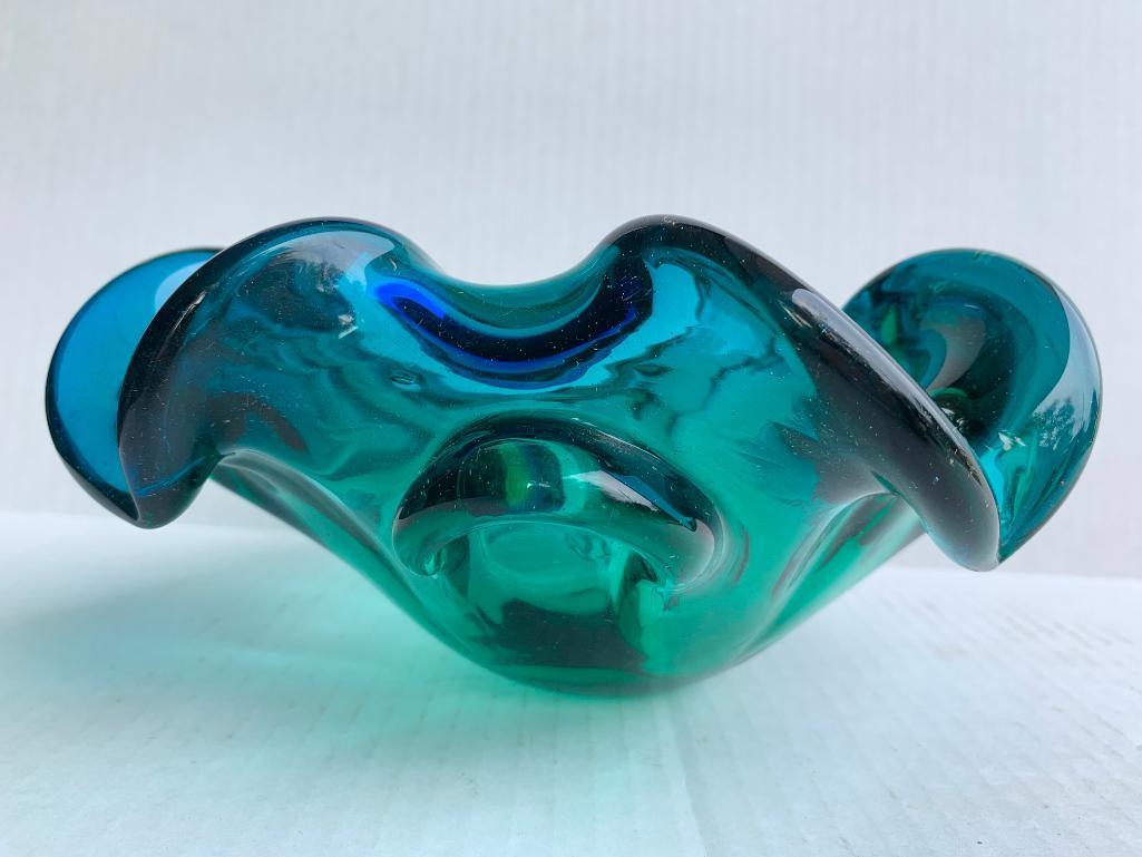 Blown Glass Ashtray w/Ground Bottom. Has Minor Chipping on Ground Area. This is 8" in Diameter