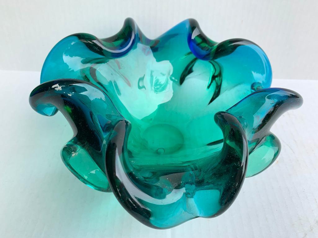 Blown Glass Ashtray w/Ground Bottom. Has Minor Chipping on Ground Area. This is 8" in Diameter