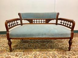 Antique Upholstered Bench. This is 25" T x 42" W x 21" D. Has Stains on the Material - As Pictured