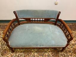 Antique Upholstered Bench. This is 25" T x 42" W x 21" D. Has Stains on the Material - As Pictured