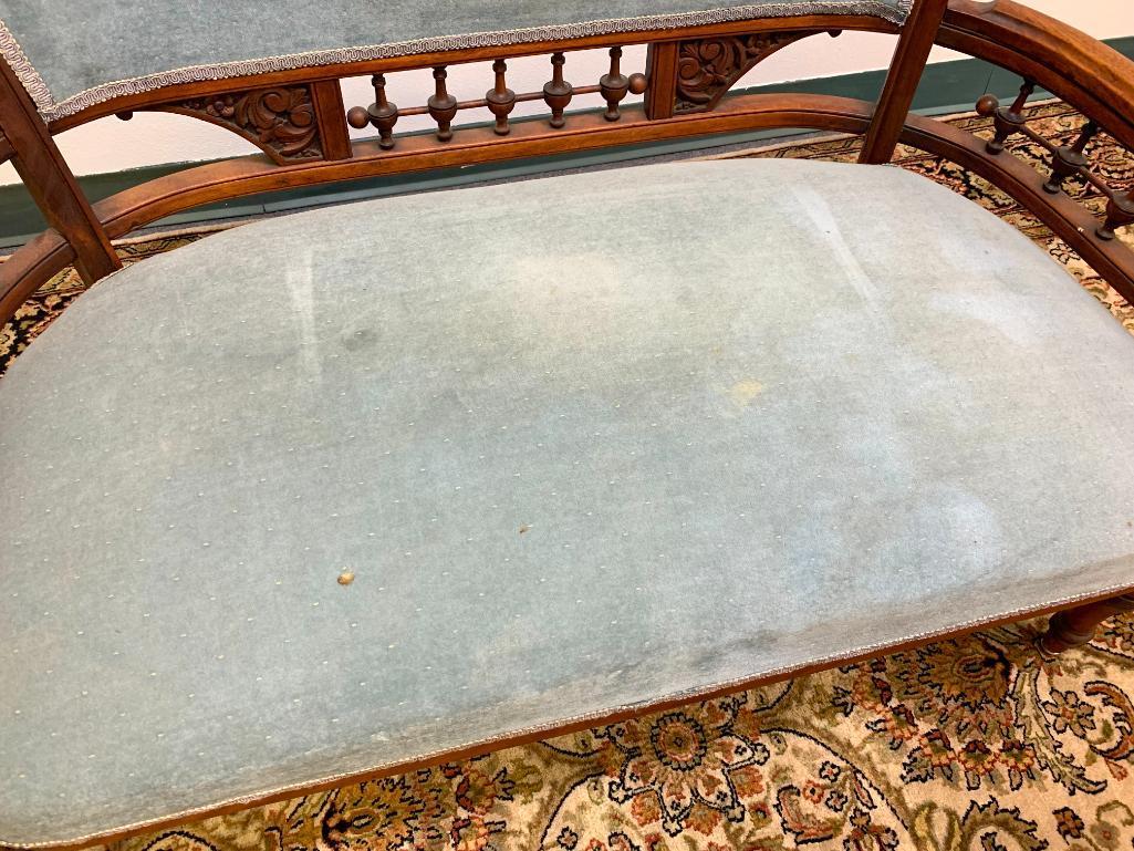 Antique Upholstered Bench. This is 25" T x 42" W x 21" D. Has Stains on the Material - As Pictured