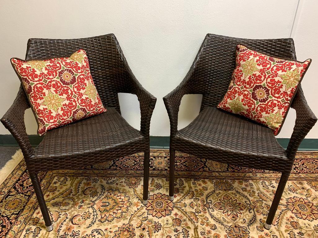 Pair of Outdoor Wicker Patio Chairs & Two Pillows. They are 32" Tall