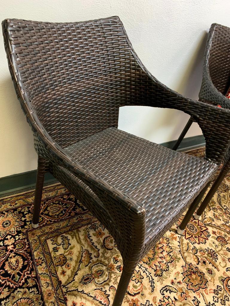 Pair of Outdoor Wicker Patio Chairs & Two Pillows. They are 32" Tall