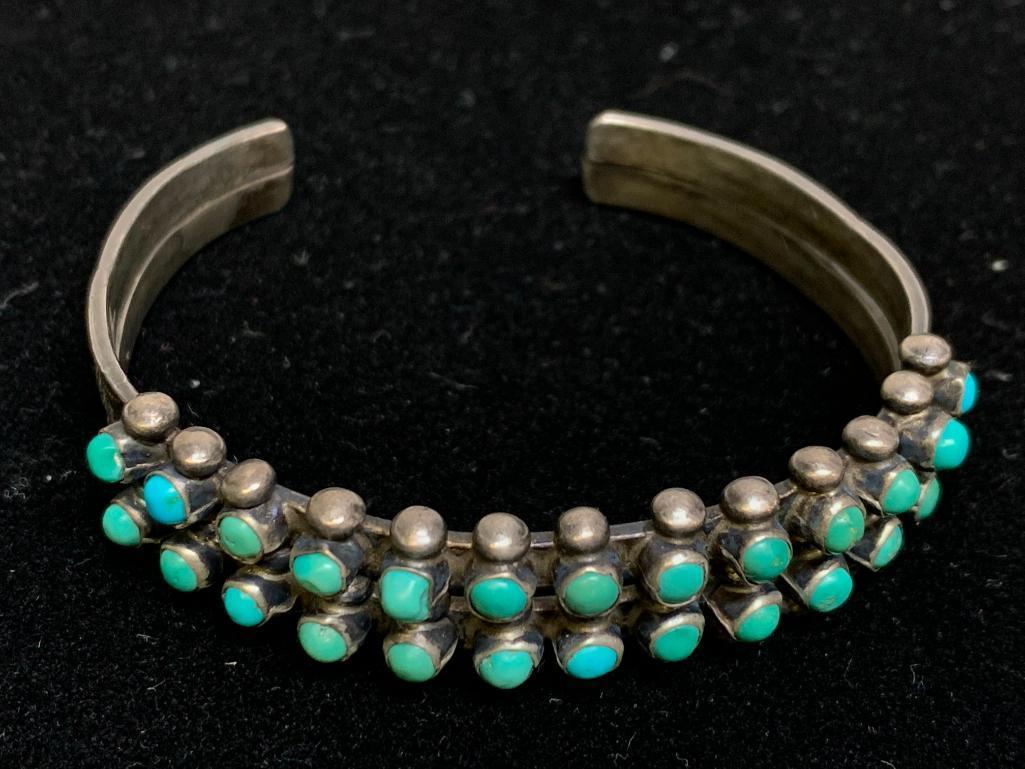 Turquoise Tone & Metal Cuff Bracelet. Has a Thick Band. Not Marked Sterling. Very Pretty