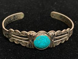 Turquoise Tone & Metal Cuff Bracelet. Not Marked Sterling