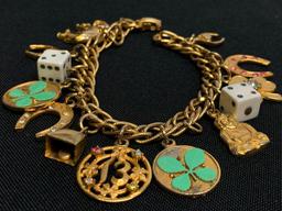 7" Fun Gold Tone Charm Bracelet Incl Dice, Shamrocks, Horseshoe & More