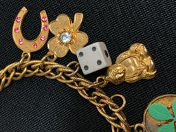 7" Fun Gold Tone Charm Bracelet Incl Dice, Shamrocks, Horseshoe & More