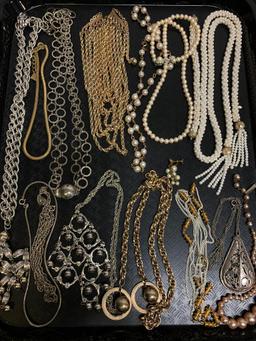 Large Lot of Pearl, Silver & Gold Tone Necklaces