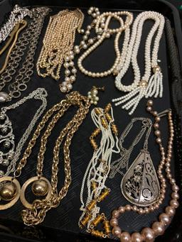 Large Lot of Pearl, Silver & Gold Tone Necklaces