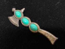 Turquoise Tone & Metal Tomahawk Brooch