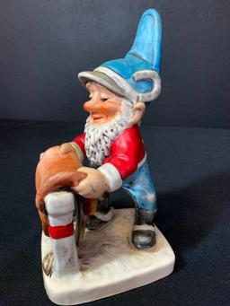 Vintage German Hummel Co-Boy Gnomes "Herbie The Horseman Placing Saddle on a Fence". This is 8" Tall