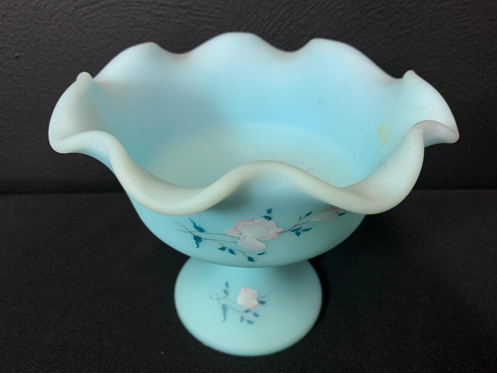 6" Tall Hand Painted Blue Fenton Ruffled Top Raised Candy Dish. Signed by Artist S. Kirby
