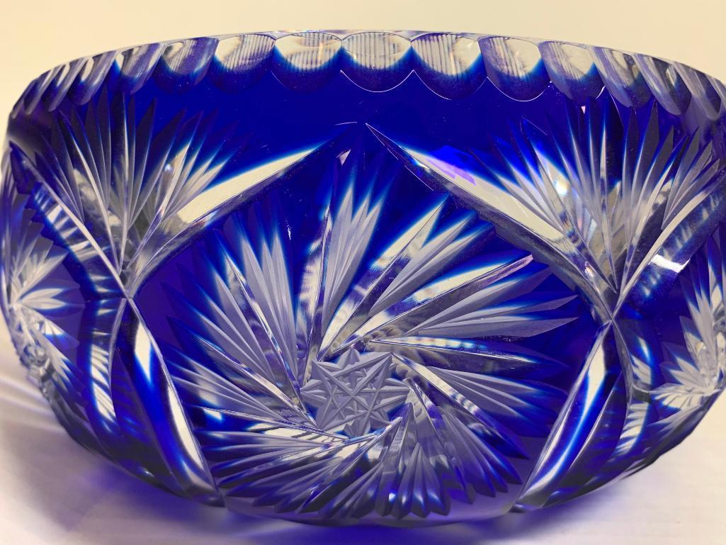 4" x 8" in Diameter Clear/Blue Colored Pressed Glass Bowl.