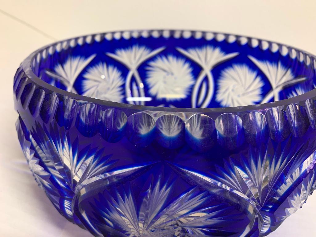 4" x 8" in Diameter Clear/Blue Colored Pressed Glass Bowl.