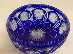 4" x 8" in Diameter Clear/Blue Colored Pressed Glass Bowl.