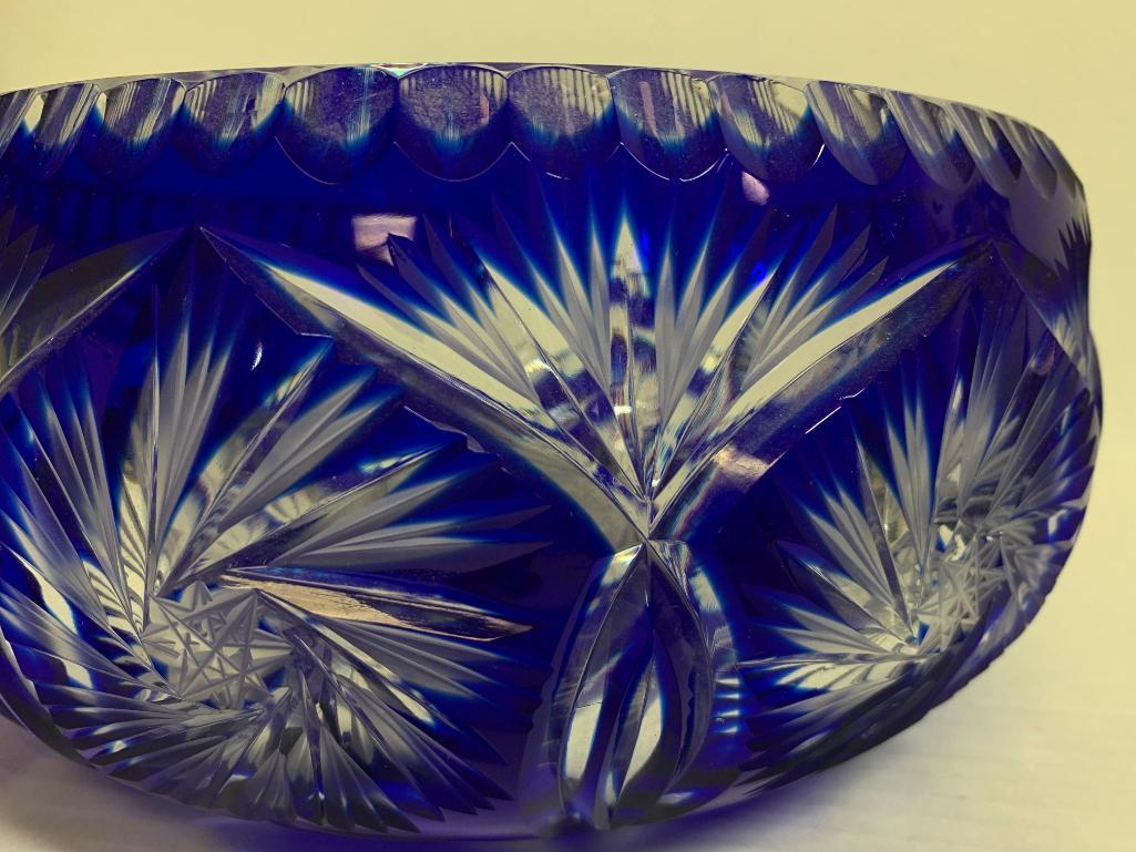 4" x 8" in Diameter Clear/Blue Colored Pressed Glass Bowl.