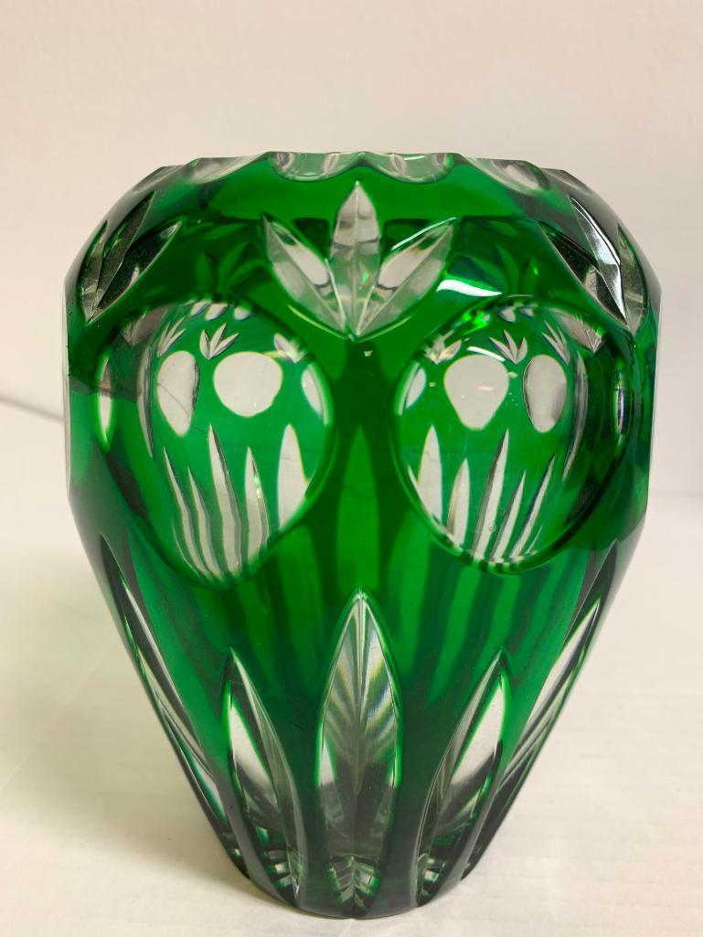 7" Clear/Green Colored Pressed Glass Vase