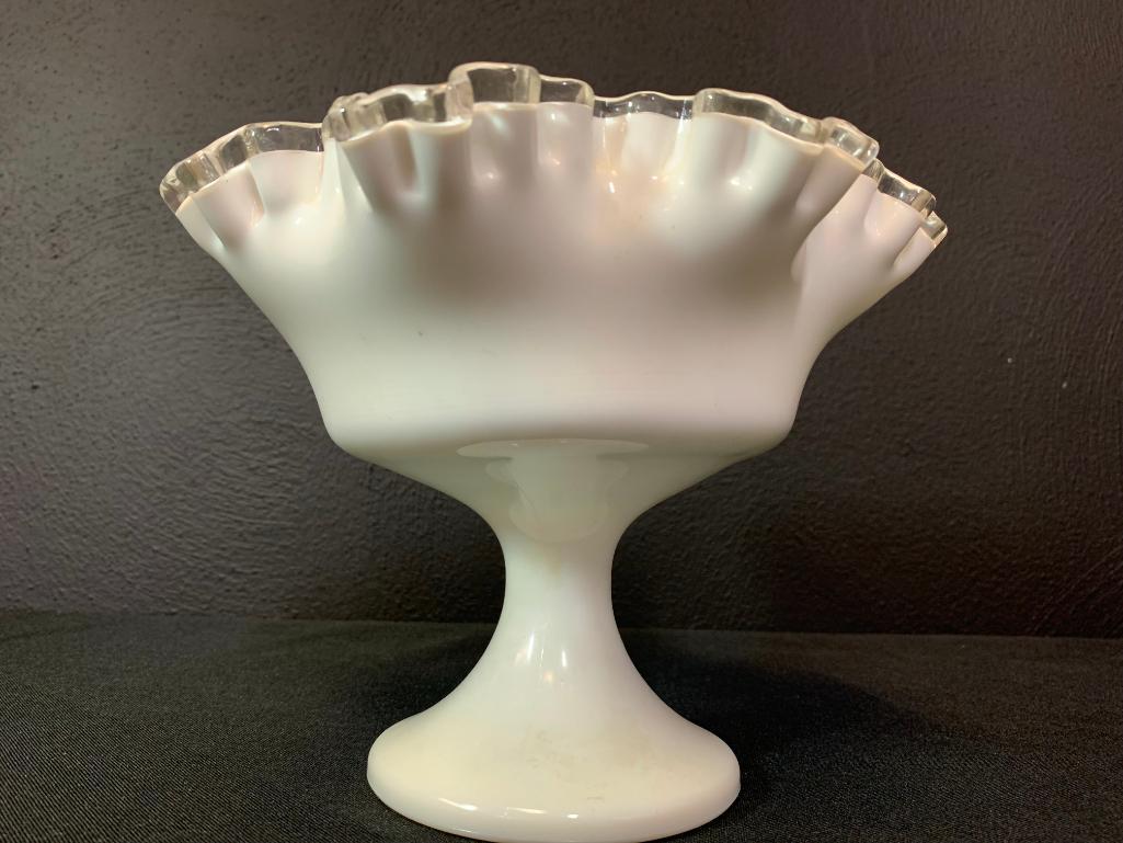 6.5" Silver Crested Ruffle Top Raised Milk Glass Candy Dish. Believed to be Fenton