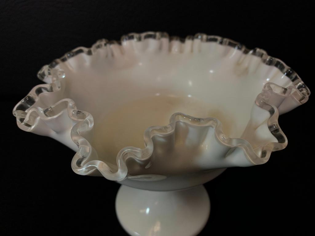 6.5" Silver Crested Ruffle Top Raised Milk Glass Candy Dish. Believed to be Fenton