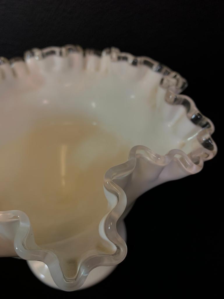 6.5" Silver Crested Ruffle Top Raised Milk Glass Candy Dish. Believed to be Fenton