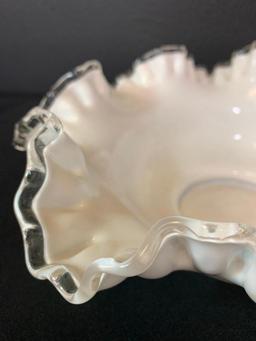 4" T x 11" in Diameter Silver Crest Ruffled Top Milk Glass Dish. Believed to be Fenton