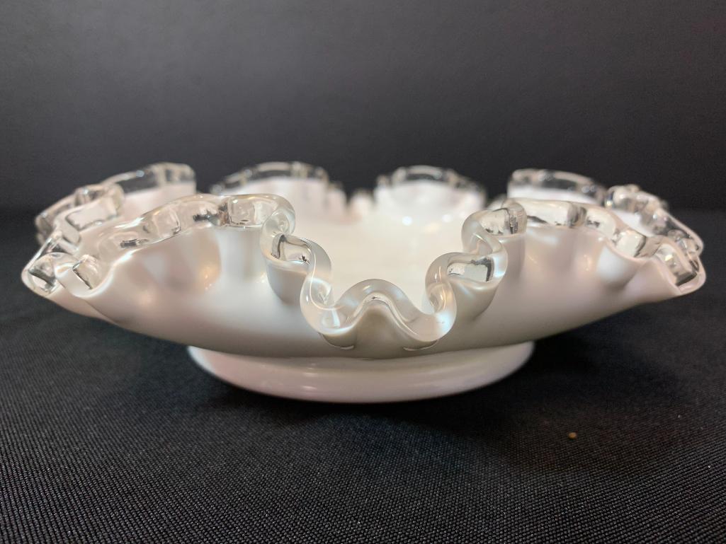2" T x 8" in Diameter Silver Crest Ruffled Top Milk Glass Dish. Believed to be Fenton