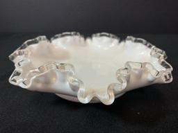 2" T x 8" in Diameter Silver Crest Ruffled Top Milk Glass Dish. Believed to be Fenton