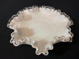 2" T x 8" in Diameter Silver Crest Ruffled Top Milk Glass Dish. Believed to be Fenton