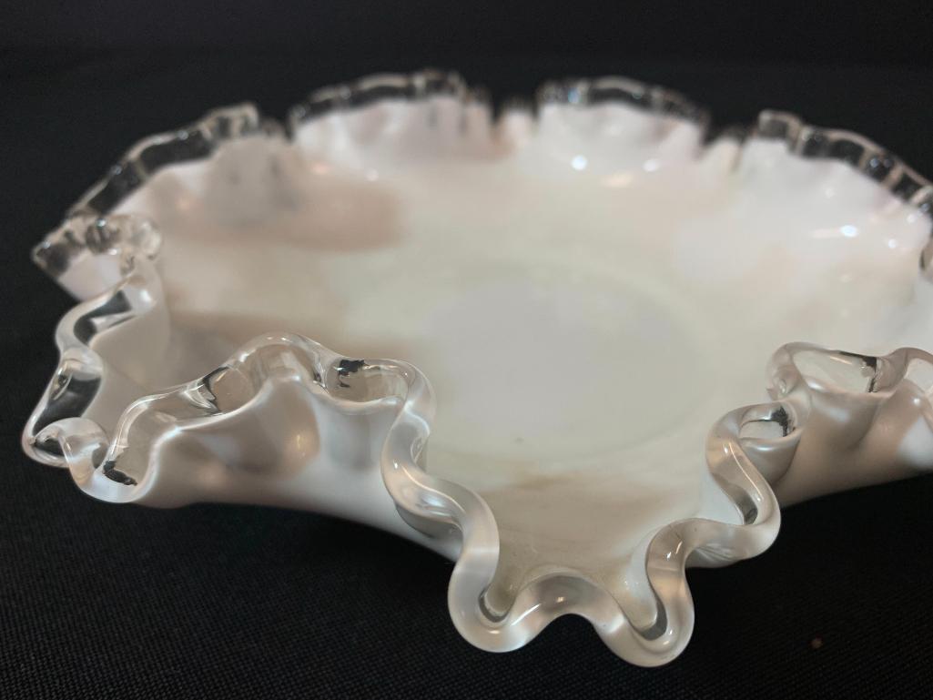 2" T x 8" in Diameter Silver Crest Ruffled Top Milk Glass Dish. Believed to be Fenton