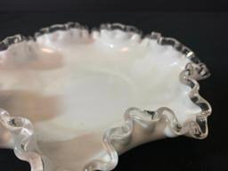 2" T x 8" in Diameter Silver Crest Ruffled Top Milk Glass Dish. Believed to be Fenton