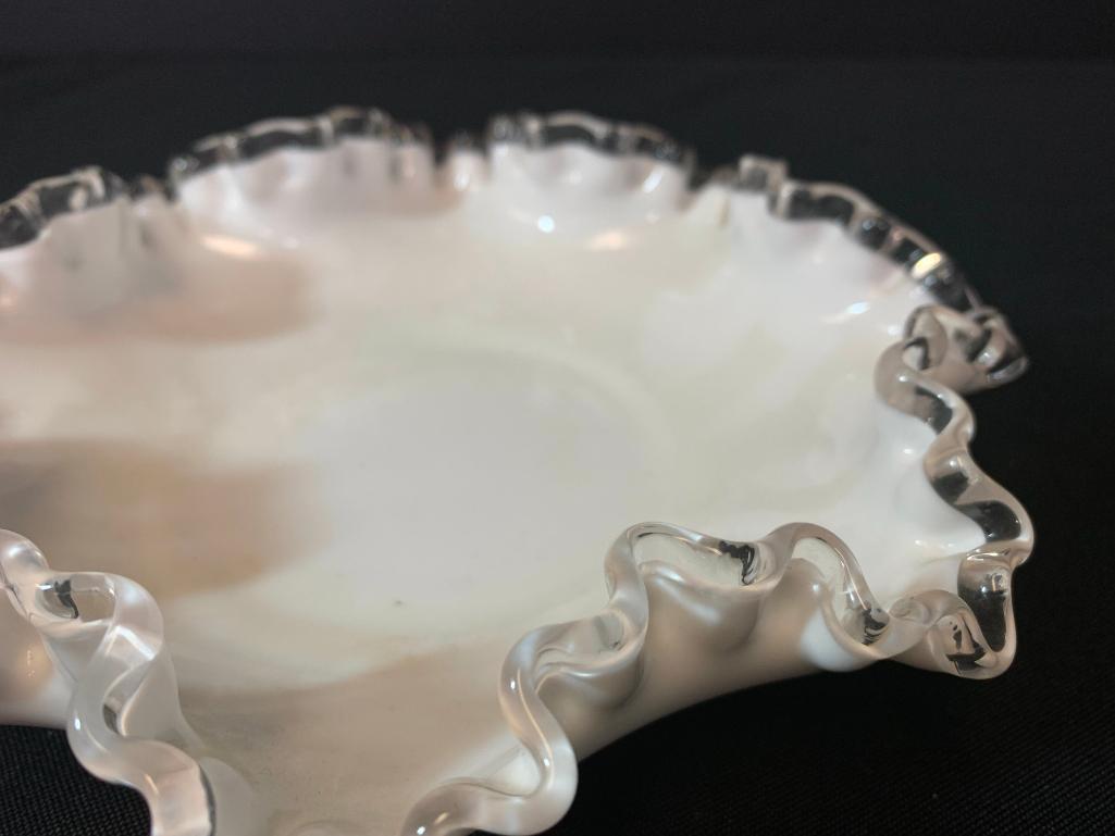 2" T x 8" in Diameter Silver Crest Ruffled Top Milk Glass Dish. Believed to be Fenton