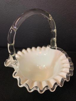 8" Fenton Silver Crest Ruffled Top Milk Glass Basket w/Applied Handle.