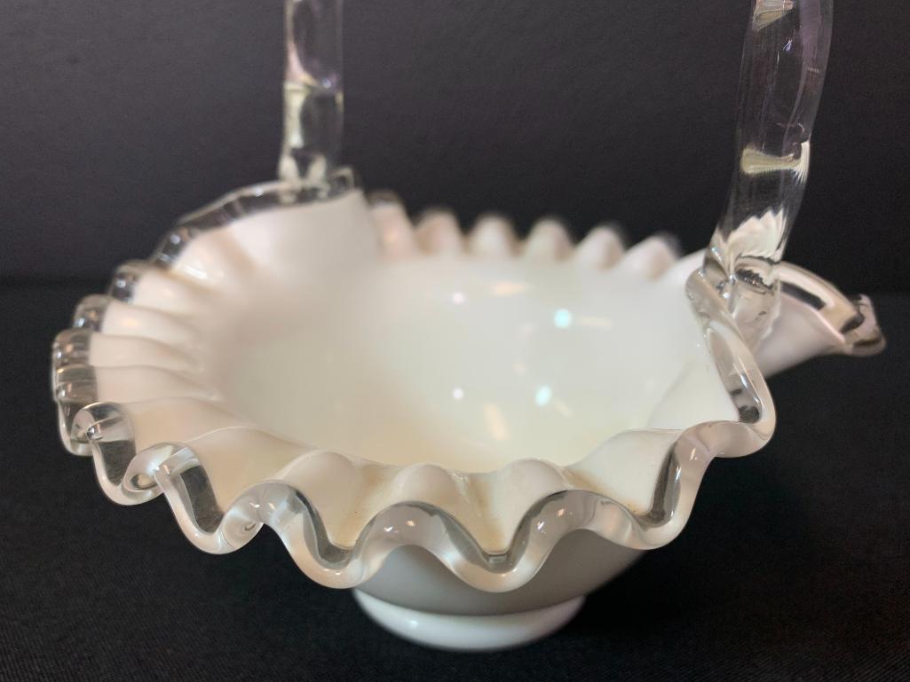 8" Fenton Silver Crest Ruffled Top Milk Glass Basket w/Applied Handle.