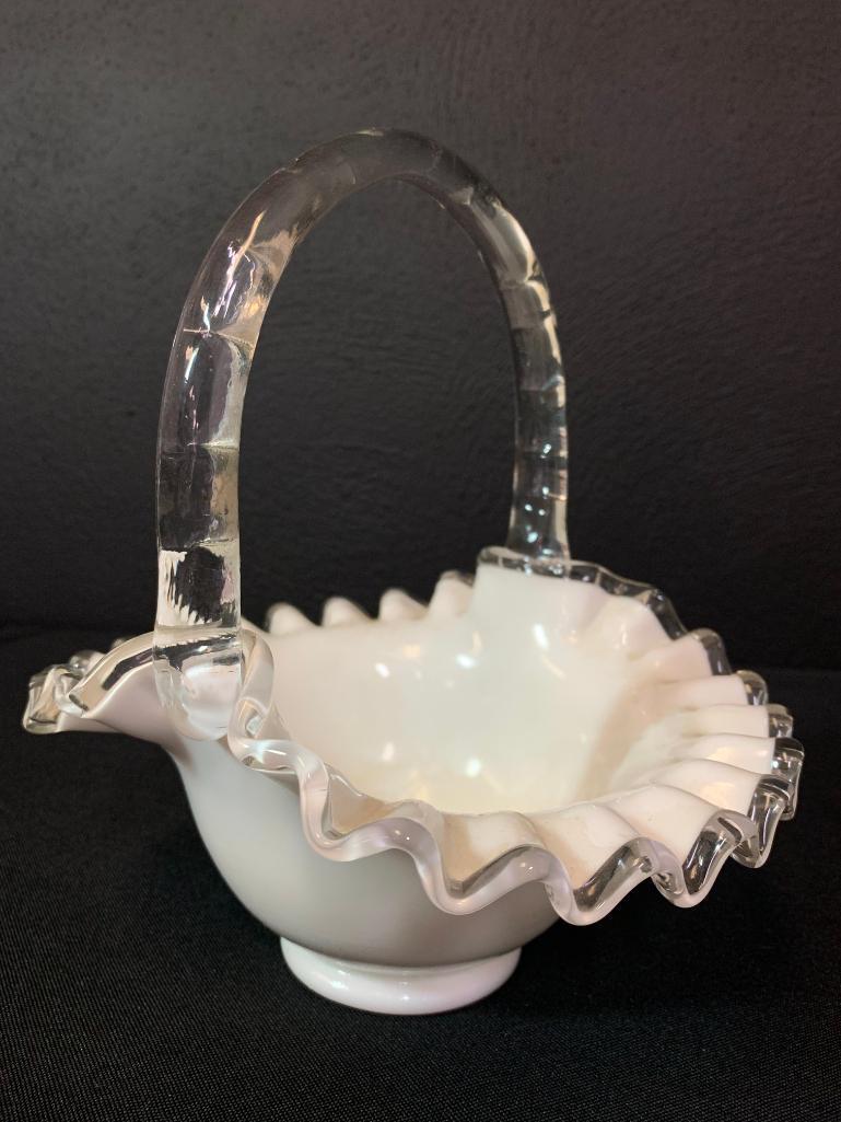 8" Fenton Silver Crest Ruffled Top Milk Glass Basket w/Applied Handle.