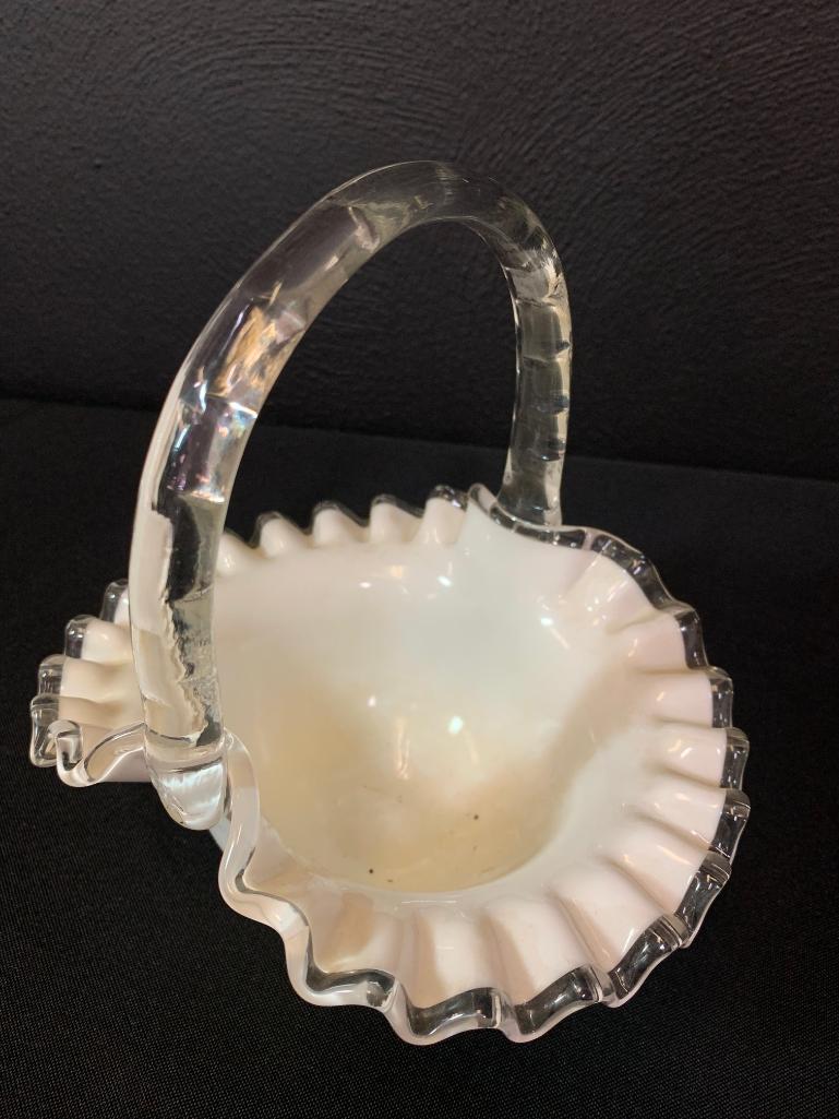 8" Fenton Silver Crest Ruffled Top Milk Glass Basket w/Applied Handle.