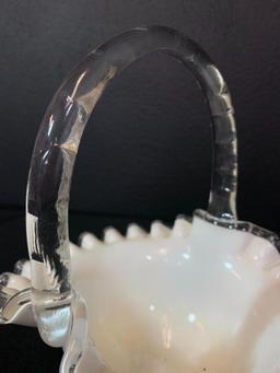 8" Fenton Silver Crest Ruffled Top Milk Glass Basket w/Applied Handle.