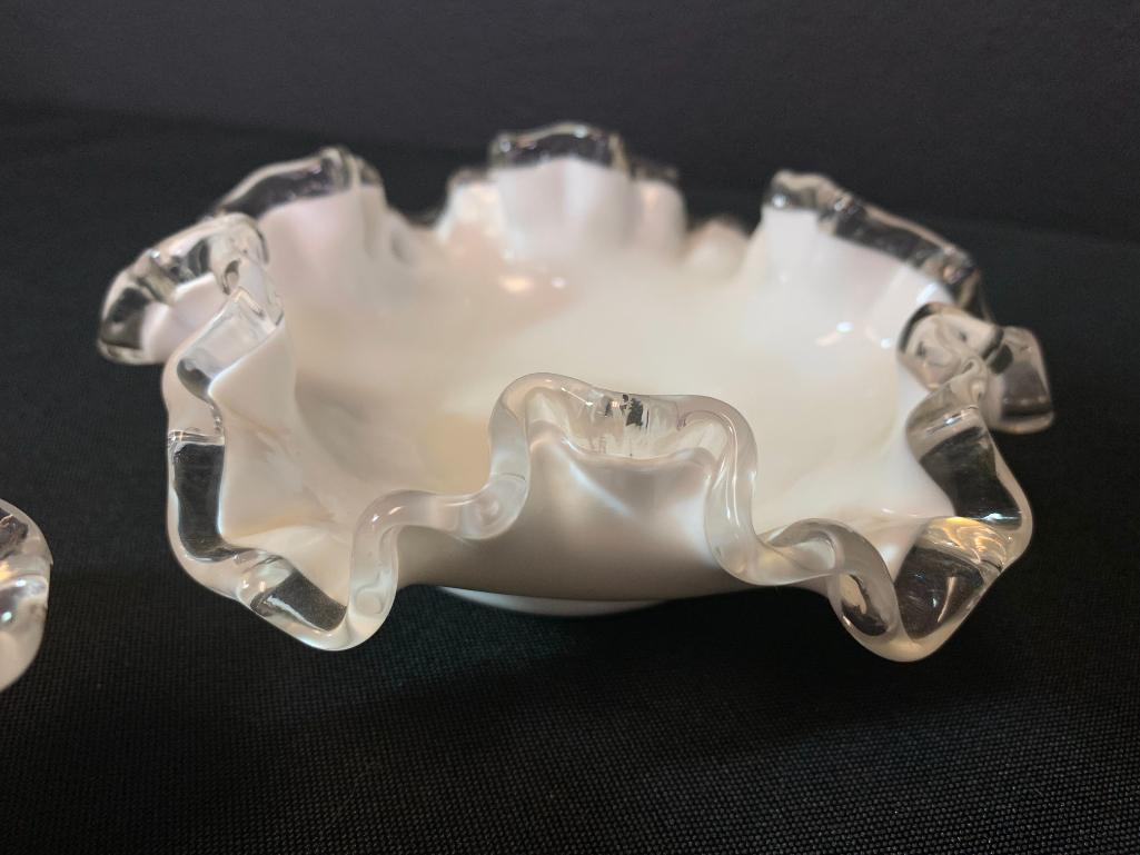 Set of 3 2" x 5" in Diameter Silver Crest Ruffled Top Milk Glass Dishes. Believed to be Fenton