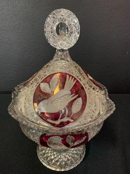 12" Hofbauer Crystal Byrdes Ruby Pattern 3 Footed Candy Dish w/Lid