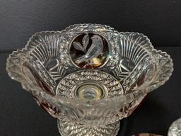 12" Hofbauer Crystal Byrdes Ruby Pattern 3 Footed Candy Dish w/Lid