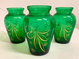 Set of 3 Hand Painted Green Glass Vases. They are 4" Tall