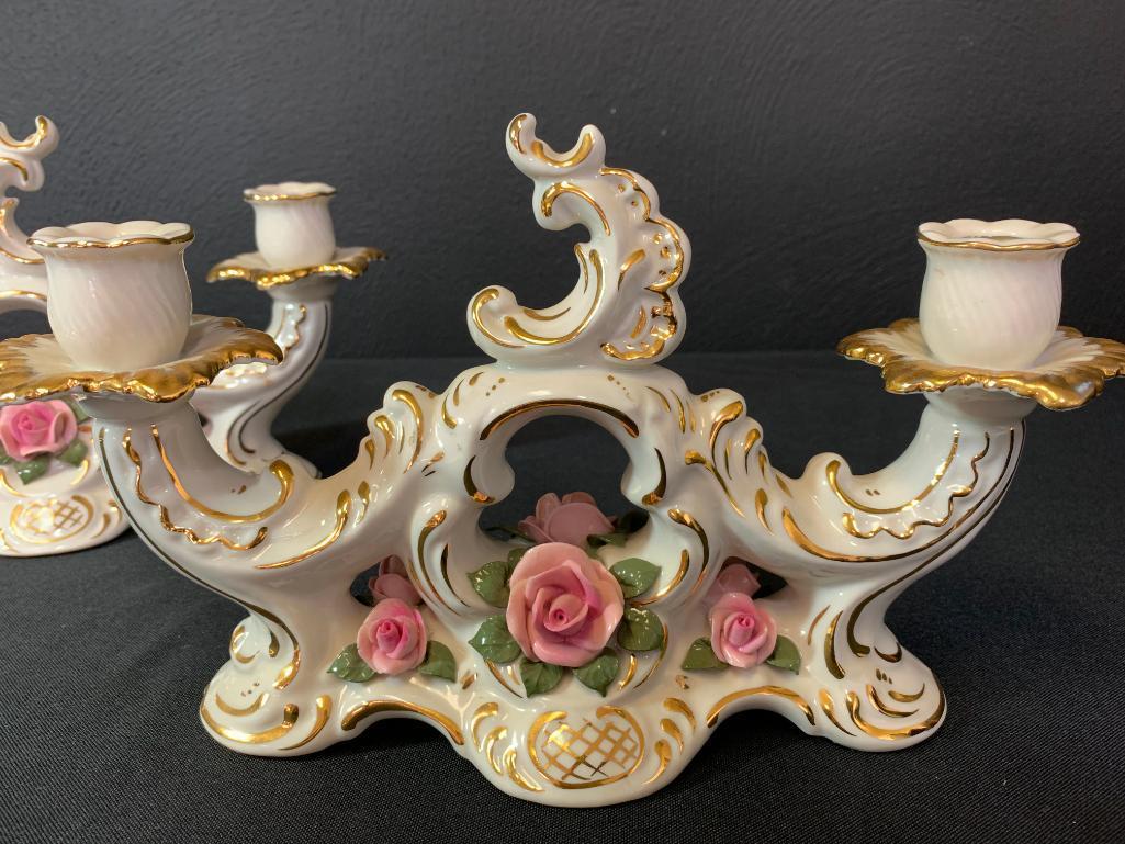 Pair of Porcelain Candelabra. They are 6" T x 11" W