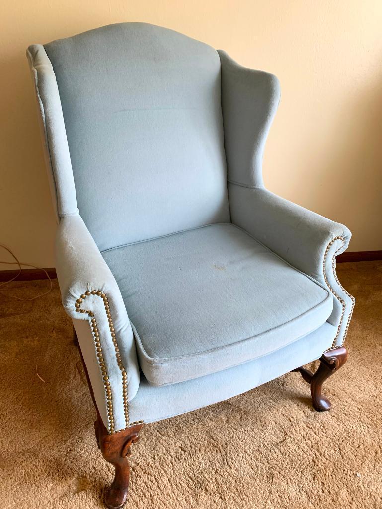 41" T x 28" W Vintage Blue Wingback Chair. Has Stains on Both Sides of Cushion. - As Pictured