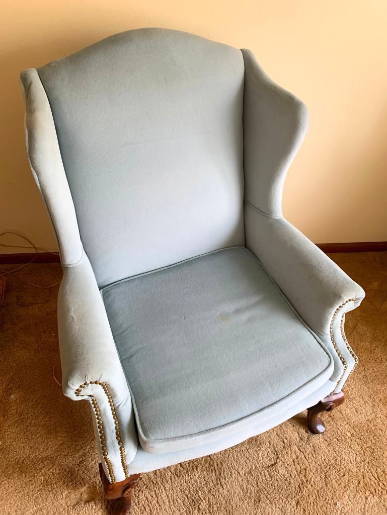 41" T x 28" W Vintage Blue Wingback Chair. Has Stains on Both Sides of Cushion. - As Pictured