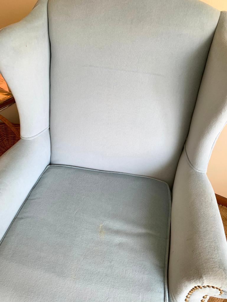 41" T x 28" W Vintage Blue Wingback Chair. Has Stains on Both Sides of Cushion. - As Pictured