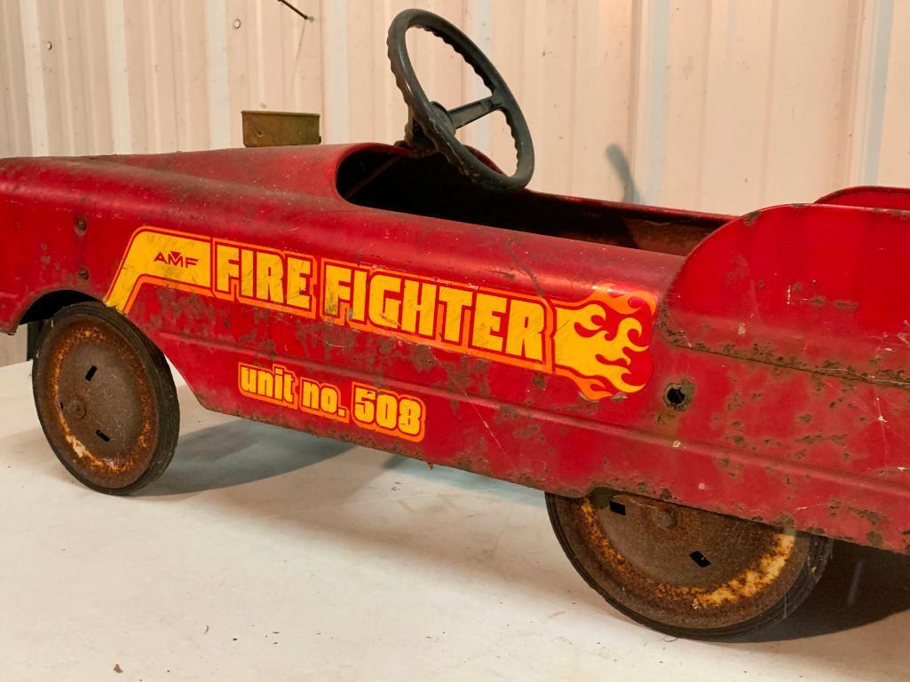 Vintage AMF Fire Fighter Metal Peddle Car - As Pictured